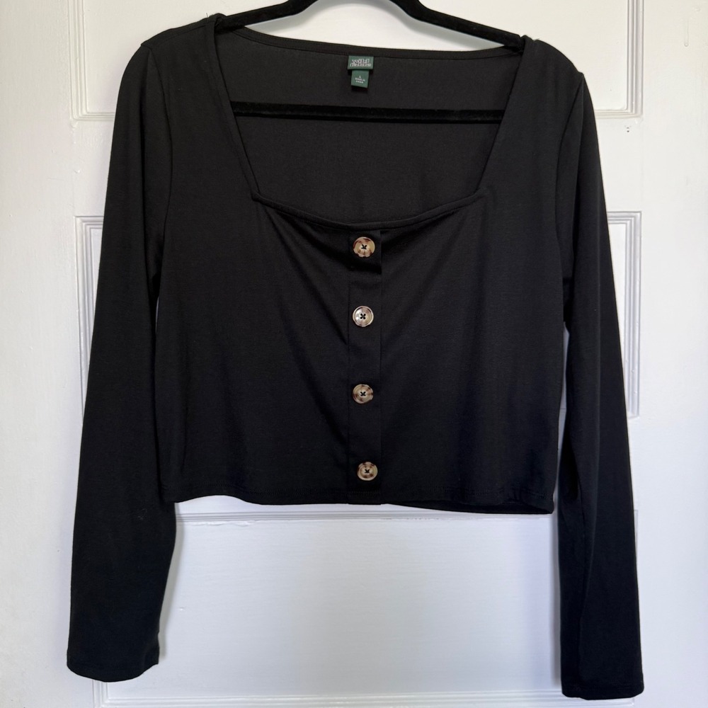 Wild Fable Womens Black Long Sleeve Square Neck Button Front Crop Top Large